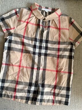 Burberry Tan, Red & Black Check Peter Pan Collar Blouse